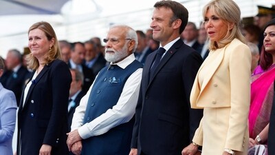 France's President Emmanuel Macron, second right, first lady Brigitte Macron, right, and India's Prime Minister Narendra Modi attend the annual Bastille Day military parade in Paris. (AP) France's President Emmanuel Macron, second right, first lady Brigitte Macron, right, and India's Prime Minister Narendra Modi attend the annual Bastille Day military parade in Paris. (AP)