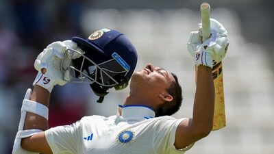 India's Yashasvi Jaiswal celebrates after he scored a century against West Indies on Day 2 (AP) India's Yashasvi Jaiswal celebrates after he scored a century against West Indies on Day 2 (AP)