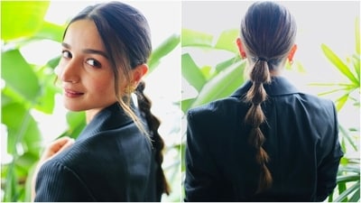 Alia accessorised the ensemble with diamond earrings, rings, and heels. A centre-parted messy braided ponytail, feathered brows, subtle pink eye shadow, matching lip shade, mascara on the lashes, rouged cheekbones, and beaming highlighter lent the finishing touch. (Instagram) Alia accessorised the ensemble with diamond earrings, rings, and heels. A centre-parted messy braided ponytail, feathered brows, subtle pink eye shadow, matching lip shade, mascara on the lashes, rouged cheekbones, and beaming highlighter lent the finishing touch. (Instagram)