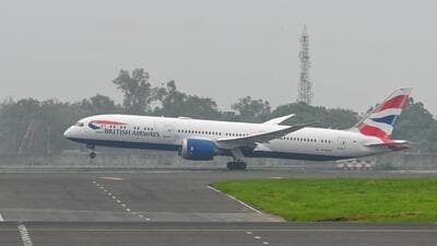 An aircraft takes off from the newly inaugurated fourth runway of the IGI airport, in New Delhi on Friday. (Vipin Kumar/HT) An aircraft takes off from the newly inaugurated fourth runway of the IGI airport, in New Delhi on Friday. (Vipin Kumar/HT)