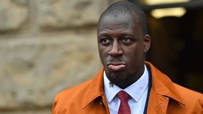 Former Manchester City footballer Benjamin Mendy walks outside Chester Crown Court (AP)