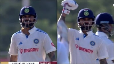 Virat Kohli mock-celebrates after hitting his first four in the innings (Twitter) Virat Kohli mock-celebrates after hitting his first four in the innings (Twitter)