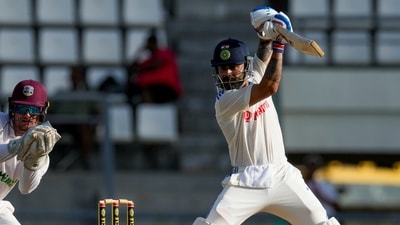 India's Virat Kohli plays a shot on Day 2 of the first Test vs West Indies (AP)