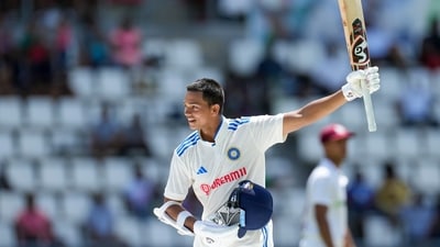 India's Yashasvi Jaiswal celebrates after he scored a century against West Indies on day two of their first cricket Test match at Windsor Park in Roseau, Dominica (AP) India's Yashasvi Jaiswal celebrates after he scored a century against West Indies on day two of their first cricket Test match at Windsor Park in Roseau, Dominica (AP)