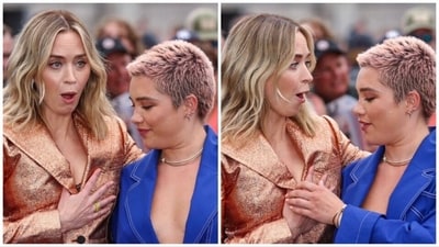Emily Blunt with Florence Pugh at Oppenheimer's London premiere. Emily Blunt with Florence Pugh at Oppenheimer's London premiere.