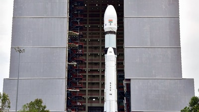 ISRO's LVM3 carrying Chandrayaan-3 being moved to the launch pad ahead of its launch, at the Satish Dhawan Space Station, in Sriharikota. (PTI Photo)