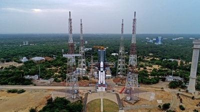 The Launch Vehicle Mark-III (LVM3) M4 vehicle with Chandrayaan-3 at the launch pad at Satish Dhawan Space Centre, in Sriharikota. (PTI) The Launch Vehicle Mark-III (LVM3) M4 vehicle with Chandrayaan-3 at the launch pad at Satish Dhawan Space Centre, in Sriharikota. (PTI)