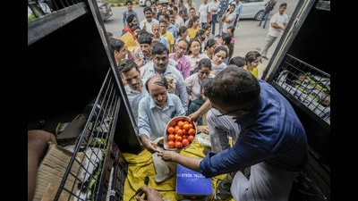People buy tomatoes at a discounted rate outside Krishi Bhavan in New Delhi (PTI) People buy tomatoes at a discounted rate outside Krishi Bhavan in New Delhi (PTI)