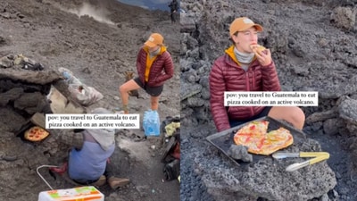 Woman eats pizza cooked on an active volcano in Guatemala. (Instagram/@Alexandra Blodgett) Woman eats pizza cooked on an active volcano in Guatemala. (Instagram/@Alexandra Blodgett)