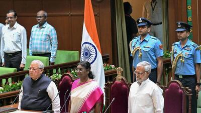 President Droupadi Murmu with Rajasthan Governor Kalraj Mishra and State Assembly Speaker C.P. Joshi during a session with the members of the State Legislative Assembly, in Jaipur on Friday (ANI)