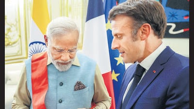 Prime Minister Narendra Modi being conferred with the ‘Grand Cross of the Legion of Honour’ by French President Emmanuel Macron at Elysee Palace in Paris. (PIB) Prime Minister Narendra Modi being conferred with the ‘Grand Cross of the Legion of Honour’ by French President Emmanuel Macron at Elysee Palace in Paris. (PIB)