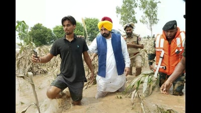 Punjab Chief Minister Bhagwant Mann visits flood-affected areas in Ferozepur on Friday. (HT Photo)