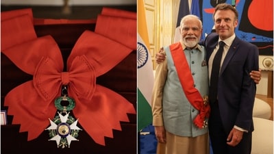 (L) Grand Cross of the Legion of Honour. (R) PM Narendra Modi with French President Emmanuel Macron (ANI) (L) Grand Cross of the Legion of Honour. (R) PM Narendra Modi with French President Emmanuel Macron (ANI)