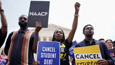 FILE - Jordan Braithwaite, 21, center, an undergrad at Grambling State University facing over $10,000 in student loans, demonstrates outside the Supreme Court, Friday, June 30, 2023, in Washington. (AP) FILE - Jordan Braithwaite, 21, center, an undergrad at Grambling State University facing over $10,000 in student loans, demonstrates outside the Supreme Court, Friday, June 30, 2023, in Washington. (AP)
