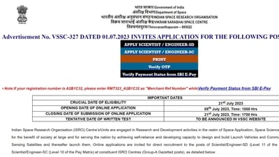 ISRO VSSC Recruitment 2023: Apply for scientist and engineer posts till July 21 ISRO VSSC Recruitment 2023: Apply for scientist and engineer posts till July 21