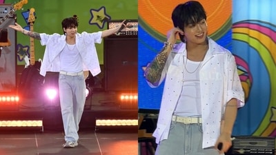 Jungkook at Good Morning America's Summer Concert Series. Jungkook at Good Morning America's Summer Concert Series.