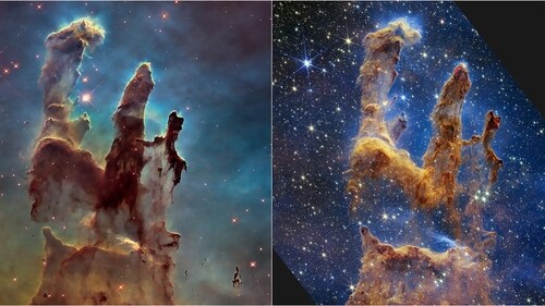 A diptych showing an image of the Pillars of Creation taken by the Hubble Telescope in 2014 (left) and by the James Webb Telescope (right) in 2022. (NASA, ESA and the Hubble Heritage Team (STScI / AURA))
