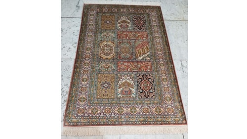Hand-Knitted Silk Kashmiri Carpet for Yaël Braun-Pivet, President of French National Assembly Hand-Knitted Silk Kashmiri Carpet for Yaël Braun-Pivet, President of French National Assembly