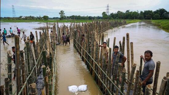 A flood-hit area in Assam’s Biswanath district. (PTI)