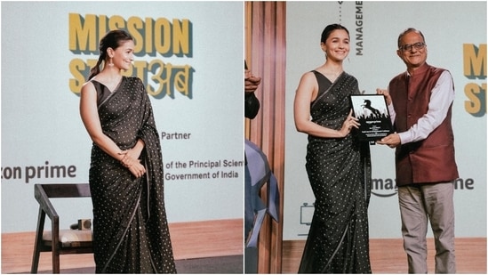 Alia accessorised the saree with minimal jewels, including statement dangling sun-shaped ruby and silver earrings, statement rings, and high heels. Lastly, she chose feathered brows, a centre-parted sleek braided hairdo, subtle eye shadow, kohl-lined eyes, mascara on the lashes, glossy nude lip shade, rouged cheekbones, beaming highlighter, and a dewy base.&nbsp;(Instagram)