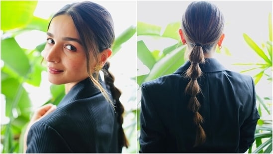 Alia accessorised the ensemble with diamond earrings, rings, and heels. A centre-parted messy braided ponytail, feathered brows, subtle pink eye shadow, matching lip shade, mascara on the lashes, rouged cheekbones, and beaming highlighter lent the finishing touch.&nbsp;(Instagram)