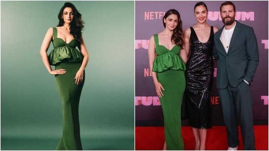 Earlier, Alia Bhatt shared pictures from her Brazil visit to promote her upcoming Hollywood debut film Heart Of Stone with Gal Gadot and Jamie Dornan at Netflix's Tudum event. She slipped into a green gown for the occasion. It features a plunging sweetheart neckline, peplum frills, a figure-hugging fit, and a mermaid-like silhouette.&nbsp;(Instagram)