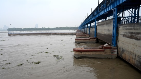 At 11.45am Thursday, the downstream gauge of the Yamuna at Okhla Barrage reached the danger level of 200.60 metres. (Sunil Ghosh/HT Photo)