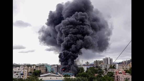 Fire Brigade officials confirmed that clothing material from a furnishing company that was stored inside the godown was gutted in the fire. (RAHUL RAUT/ HT)