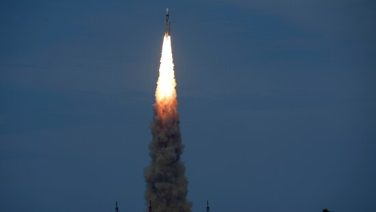 Chandrayaan-3 blasts off from the Satish Dhawan Space Centre in Sriharikota, India, Friday, July 14, 2023. (AP)