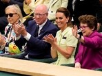 Kate, Princess of Wales sits in the Royal Box with tennis legends. Kate, Princess of Wales sits in the Royal Box with tennis legends.