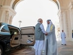 Prime Minister Narendra Modi being welcomed by UAE President Sheikh Mohamed bin Zayed Al Nahyan at the Qasr Al Watan Presidential Palace, in Abu Dhabi, Saturday, Prime Minister Narendra Modi being welcomed by UAE President Sheikh Mohamed bin Zayed Al Nahyan at the Qasr Al Watan Presidential Palace, in Abu Dhabi, Saturday,
