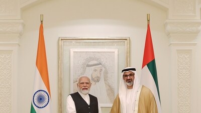 Prime Minister Narendra Modi meets with the Crown Prince of Abu Dhabi, Sheikh Khaled bin Mohamed bin Zayed Al Nahyan, in Abu Dhabi, UAE on Saturday. (ANI/PIB) 