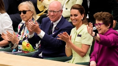 Kate, Princess of Wales sits in the Royal Box with tennis legends. (AP)
