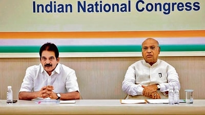 Congress general secretary KC Venugopal and party president Mallikarjun Kharge chair a meeting in New Delhi on Saturday. (ANI) Congress general secretary KC Venugopal and party president Mallikarjun Kharge chair a meeting in New Delhi on Saturday. (ANI)