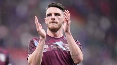 Declan Rice warms up prior to the start of the Europa Conference League final (AP) Declan Rice warms up prior to the start of the Europa Conference League final (AP)