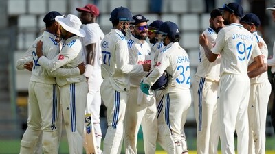 India players celebrate after defeating West Indies by an innings and 141 runs on Day 3 (AP) India players celebrate after defeating West Indies by an innings and 141 runs on Day 3 (AP)