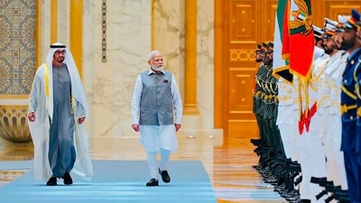 Modi was accorded a ceremonial welcome at the Qasr-Al-Watan – the presidential palace - where he was greeted by the UAE President with a warm embrace. (PTI) Modi was accorded a ceremonial welcome at the Qasr-Al-Watan – the presidential palace - where he was greeted by the UAE President with a warm embrace. (PTI)