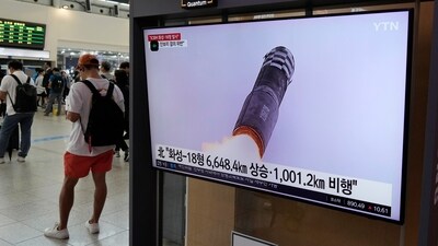 A TV screen shows an image of North Korea's missile launch during a news program, at the Seoul Railway Station in Seoul, South Korea. (AP) A TV screen shows an image of North Korea's missile launch during a news program, at the Seoul Railway Station in Seoul, South Korea. (AP)