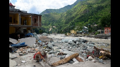 The flood-ravaged Sainj village in Kullu district on Saturday.Two houses and five cowsheds were reportedly swept away in a flashflood triggered by a cloudburst in Lag valley of Kullu district amid a yellow alert for heavy rains. (Aqil Khan /HT)