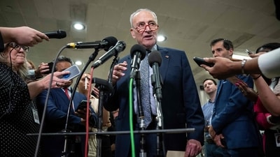 WASHINGTON, DC - JULY 11: Senate Majority Leader Chuck Schumer (D-NY) speaks to reporters following a classified all-Senate briefing on Artificial Intelligence at the U.S. Capitol on July 11, 2023 in Washington, DC. Briefers included members from the Department of Defense and the Intelligence Community. Drew Angerer/Getty Images/AFP (Photo by Drew Angerer / GETTY IMAGES NORTH AMERICA / Getty Images via AFP) (Getty Images via AFP) WASHINGTON, DC - JULY 11: Senate Majority Leader Chuck Schumer (D-NY) speaks to reporters following a classified all-Senate briefing on Artificial Intelligence at the U.S. Capitol on July 11, 2023 in Washington, DC. Briefers included members from the Department of Defense and the Intelligence Community. Drew Angerer/Getty Images/AFP (Photo by Drew Angerer / GETTY IMAGES NORTH AMERICA / Getty Images via AFP) (Getty Images via AFP)