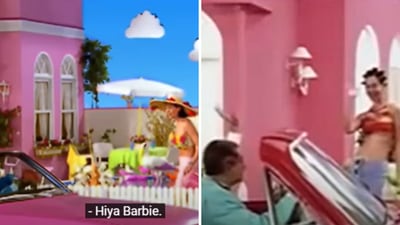 The image shows an image from Aqua’s Barbie Girl and a pic from its Hindi parody. (Screengrab) The image shows an image from Aqua’s Barbie Girl and a pic from its Hindi parody. (Screengrab)