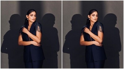 Kubbra further accessorised her look for the day in diamond earrings from the house of Dashia and silver embellished stilettos from the house of Kurt Geiger. (Instagram/@kubbrasait) Kubbra further accessorised her look for the day in diamond earrings from the house of Dashia and silver embellished stilettos from the house of Kurt Geiger. (Instagram/@kubbrasait)