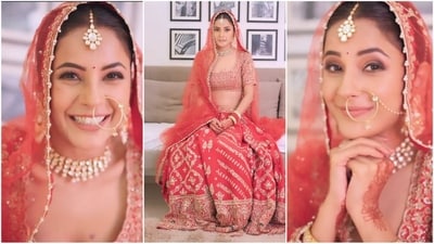 Shehnaaz Gill transforms into a stunning bride, donning a captivating red lehenga that radiates elegance and charm. (Instagram/@shehnaazgill) Shehnaaz Gill transforms into a stunning bride, donning a captivating red lehenga that radiates elegance and charm. (Instagram/@shehnaazgill)