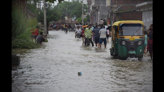 Badarpur village is waterlogged due to the flooding of the Yamuna river and has virtually turned into an island, like many other nearby villages. (Sakib Ali/HT Photo)
