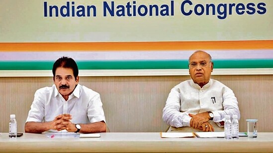 Congress general secretary KC Venugopal and party president Mallikarjun Kharge chair a meeting in New Delhi on Saturday. (ANI)