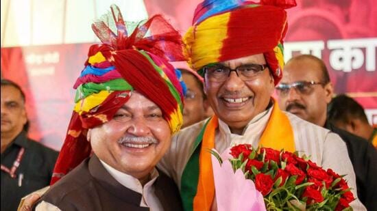 Madhya Pradesh chief minister Shivraj Singh Chouhan with Union Minister Narendra Singh Tomar at an event in June (PTI File)