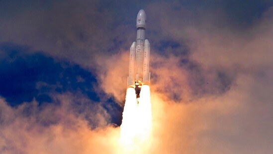 Chandrayaan-3, travels after it was launched from the Satish Dhawan Space Centre in Sriharikota on Friday. (AFP)