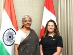 Union Finance Minister Nirmala Sitharaman meets Canadian Deputy Prime Minister and Minister of Finance Chrystia Freeland on the sidelines of the 3rd G20 Finance Ministers and Central Bank Governors (FMCBG) meeting, in Gandhinagar on Sunday. Union Finance Minister Nirmala Sitharaman meets Canadian Deputy Prime Minister and Minister of Finance Chrystia Freeland on the sidelines of the 3rd G20 Finance Ministers and Central Bank Governors (FMCBG) meeting, in Gandhinagar on Sunday.