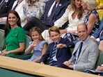 Kate, Princess of Wales, Princess Charlotte, Prince George and Britain's Prince William sit in the Royal Box on Centre Court for the final of the men's singles between Spain's Carlos Alcaraz and Serbia's Novak Djokovic on day fourteen of the Wimbledon tennis championships in London, Sunday, July 16, 2023. (AP Photo/Alastair Grant)