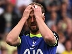 Tottenham Hotspur's English striker Harry Kane reacts after missing a chance 